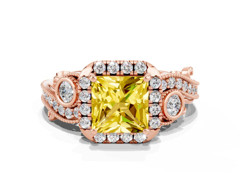 Rose gold Princess Cut Yellow Sapphire Halo Ring with Milgrain Pavé Band and Four-Prong Setting_12