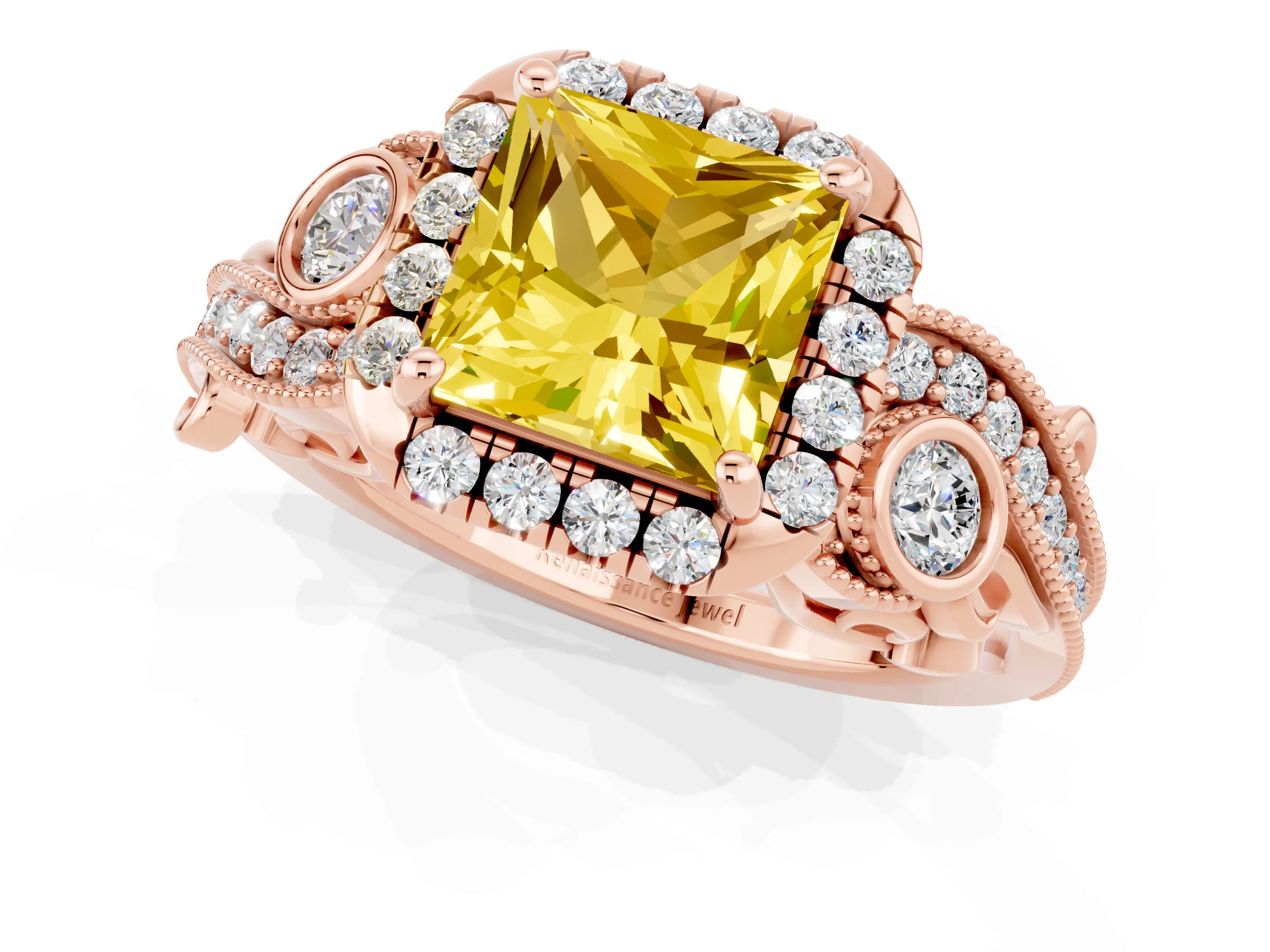 Rose gold Princess Cut Yellow Sapphire Halo Ring with Milgrain Pavé Band and Four-Prong Setting_13