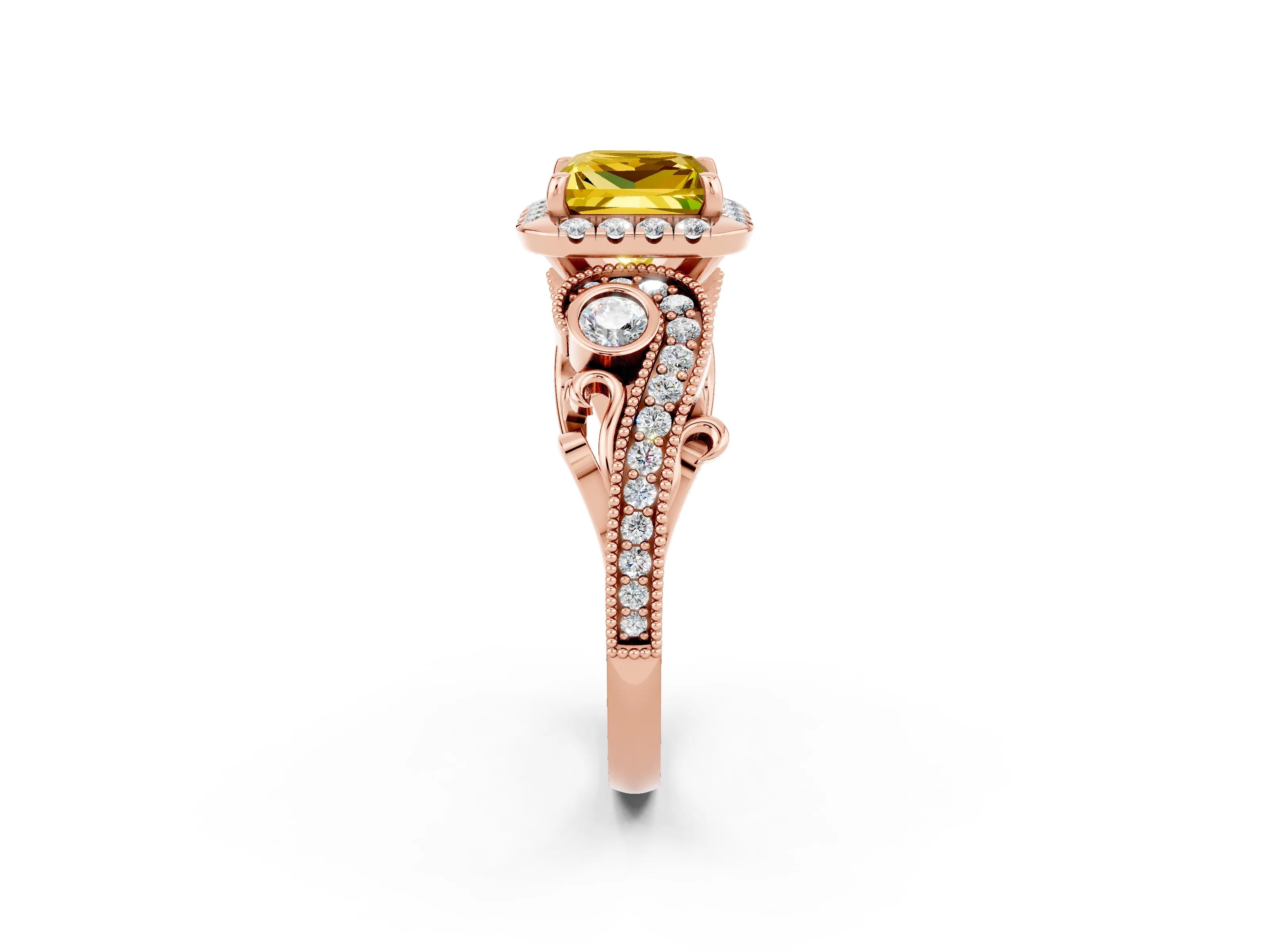 Rose gold Princess Cut Yellow Sapphire Halo Ring with Milgrain Pavé Band and Four-Prong Setting_14