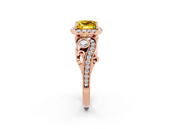 Rose gold Princess Cut Yellow Sapphire Halo Ring with Milgrain Pavé Band and Four-Prong Setting