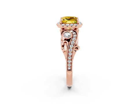 Rose gold Princess Cut Yellow Sapphire Halo Ring with Milgrain Pavé Band and Four-Prong Setting_14