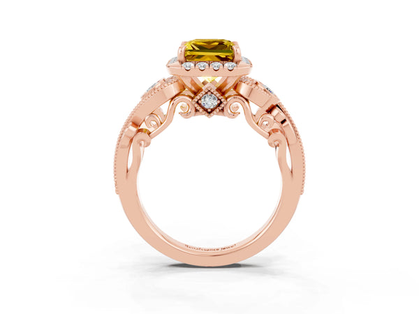 Rose gold Princess Cut Yellow Sapphire Halo Ring with Milgrain Pavé Band and Four-Prong Setting