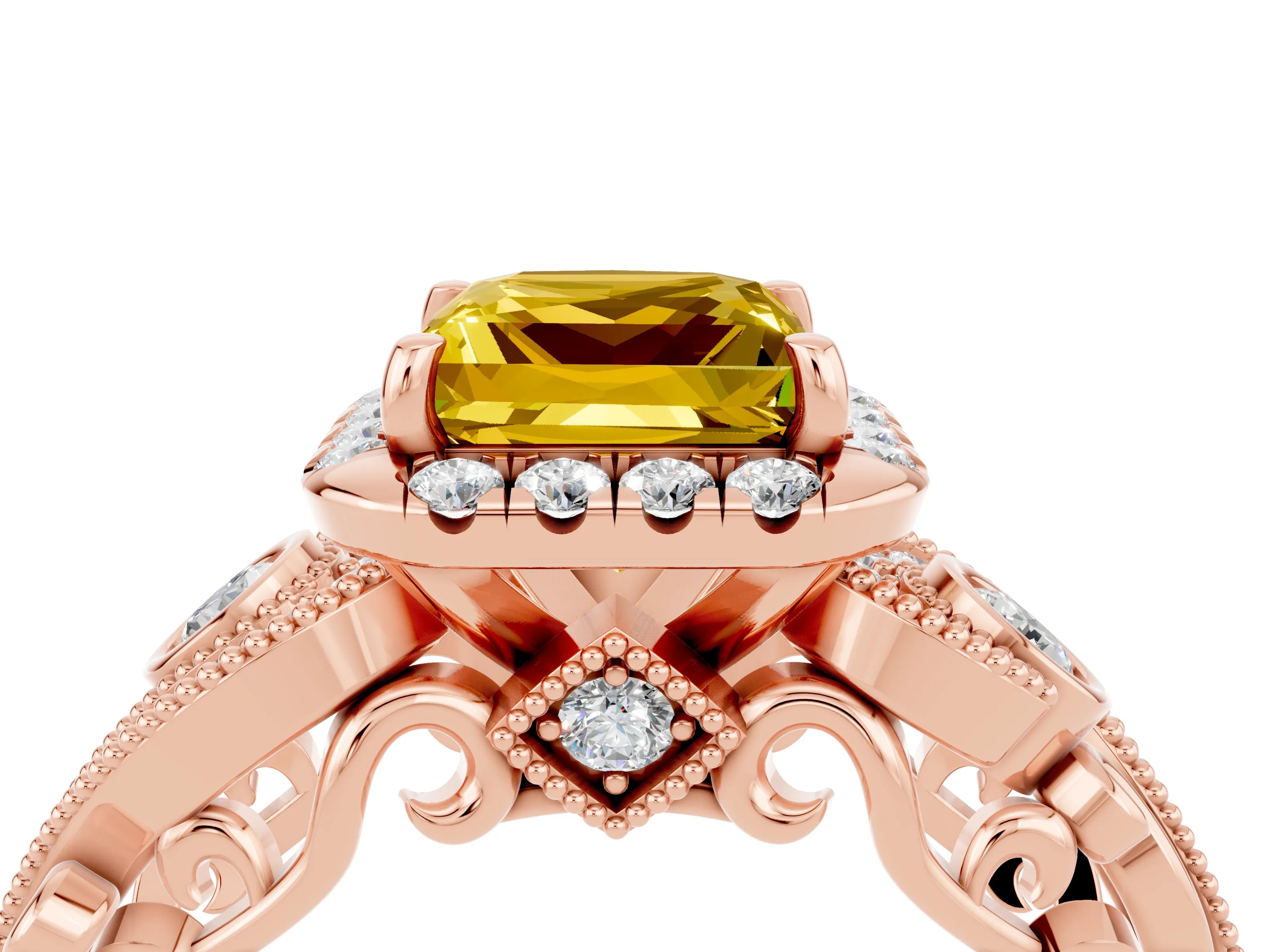 Rose gold Princess Cut Yellow Sapphire Halo Ring with Milgrain Pavé Band and Four-Prong Setting_16