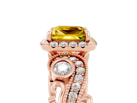 Rose gold Princess Cut Yellow Sapphire Halo Ring with Milgrain Pavé Band and Four-Prong Setting_17
