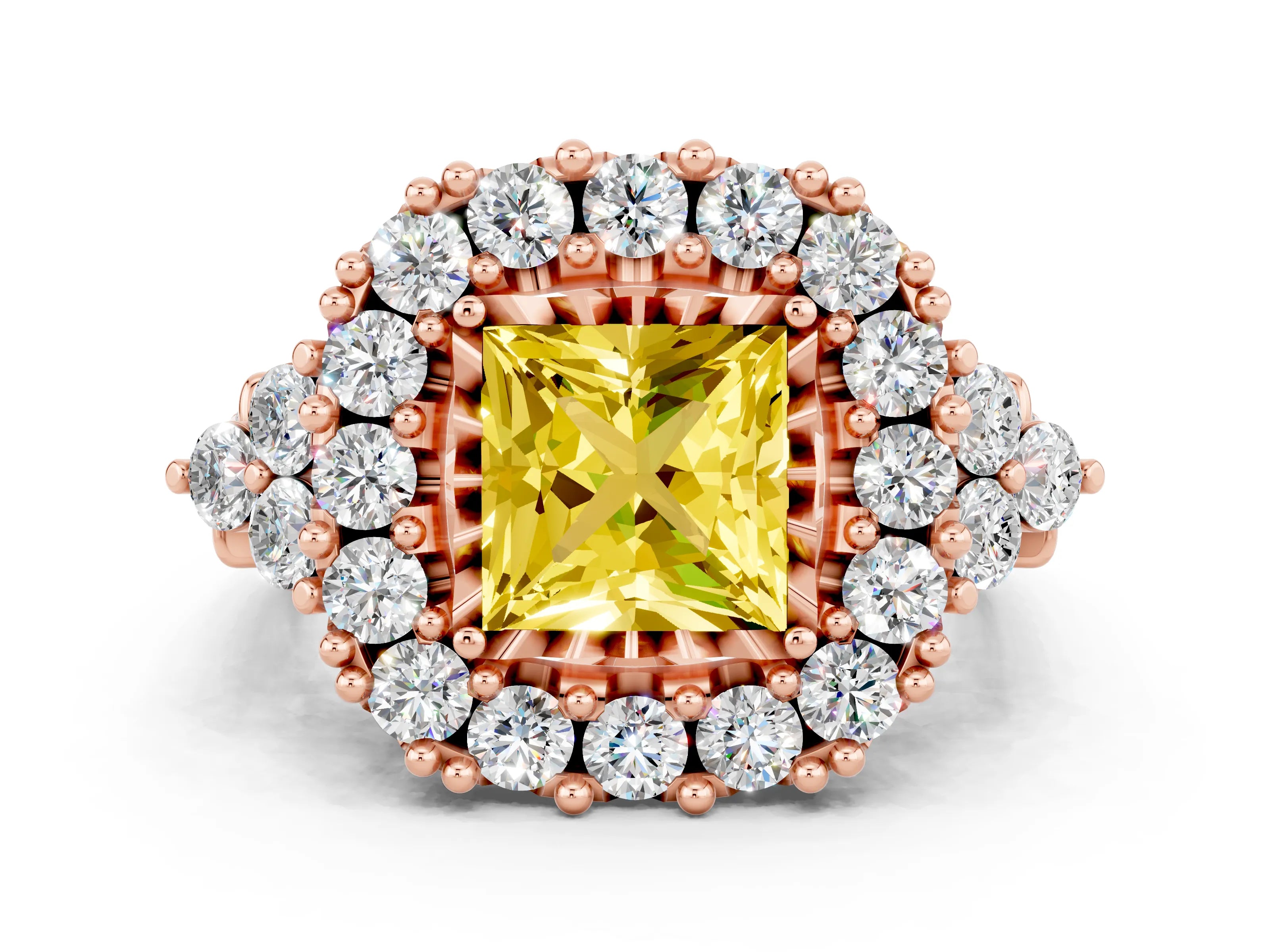 Rose gold Princess Cut Yellow Sapphire Halo Ring with Pavé Band and Four-Prong Setting_12