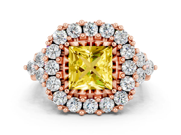 Rose gold Princess Cut Yellow Sapphire Halo Ring with Pavé Band and Four-Prong Setting