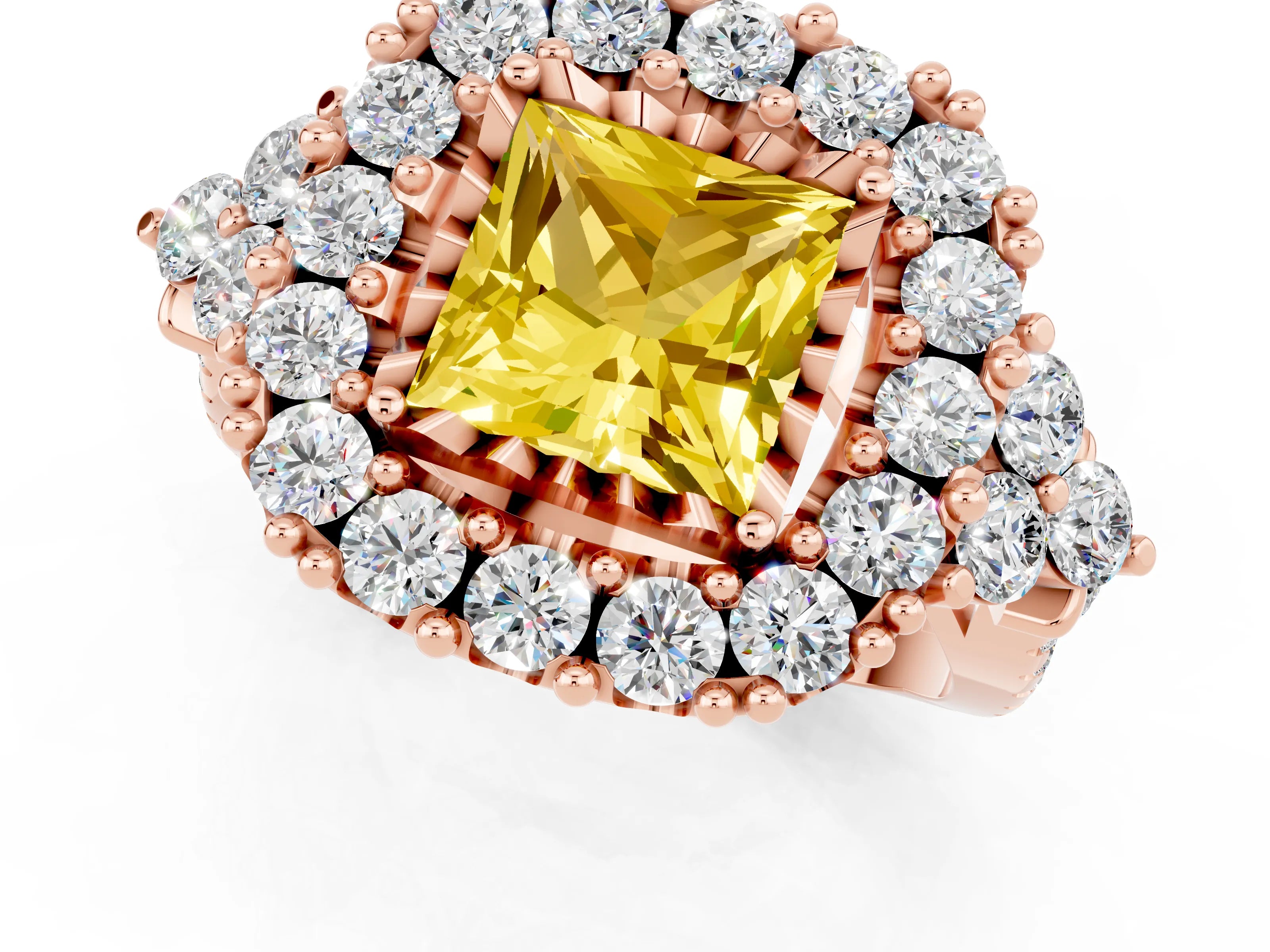 Rose gold Princess Cut Yellow Sapphire Halo Ring with Pavé Band and Four-Prong Setting_13