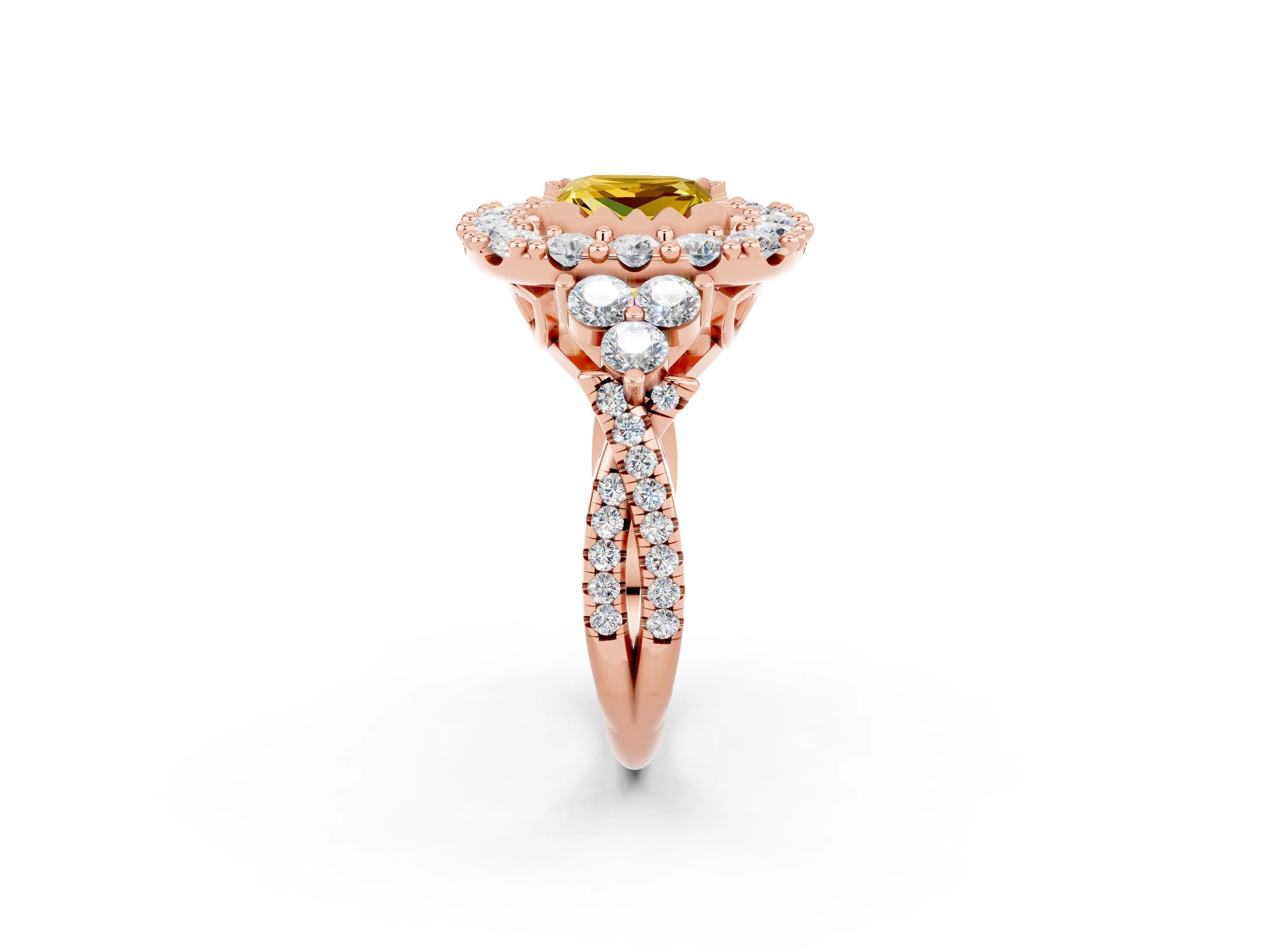 Rose gold Princess Cut Yellow Sapphire Halo Ring with Pavé Band and Four-Prong Setting_14