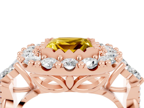Rose gold Princess Cut Yellow Sapphire Halo Ring with Pavé Band and Four-Prong Setting_16
