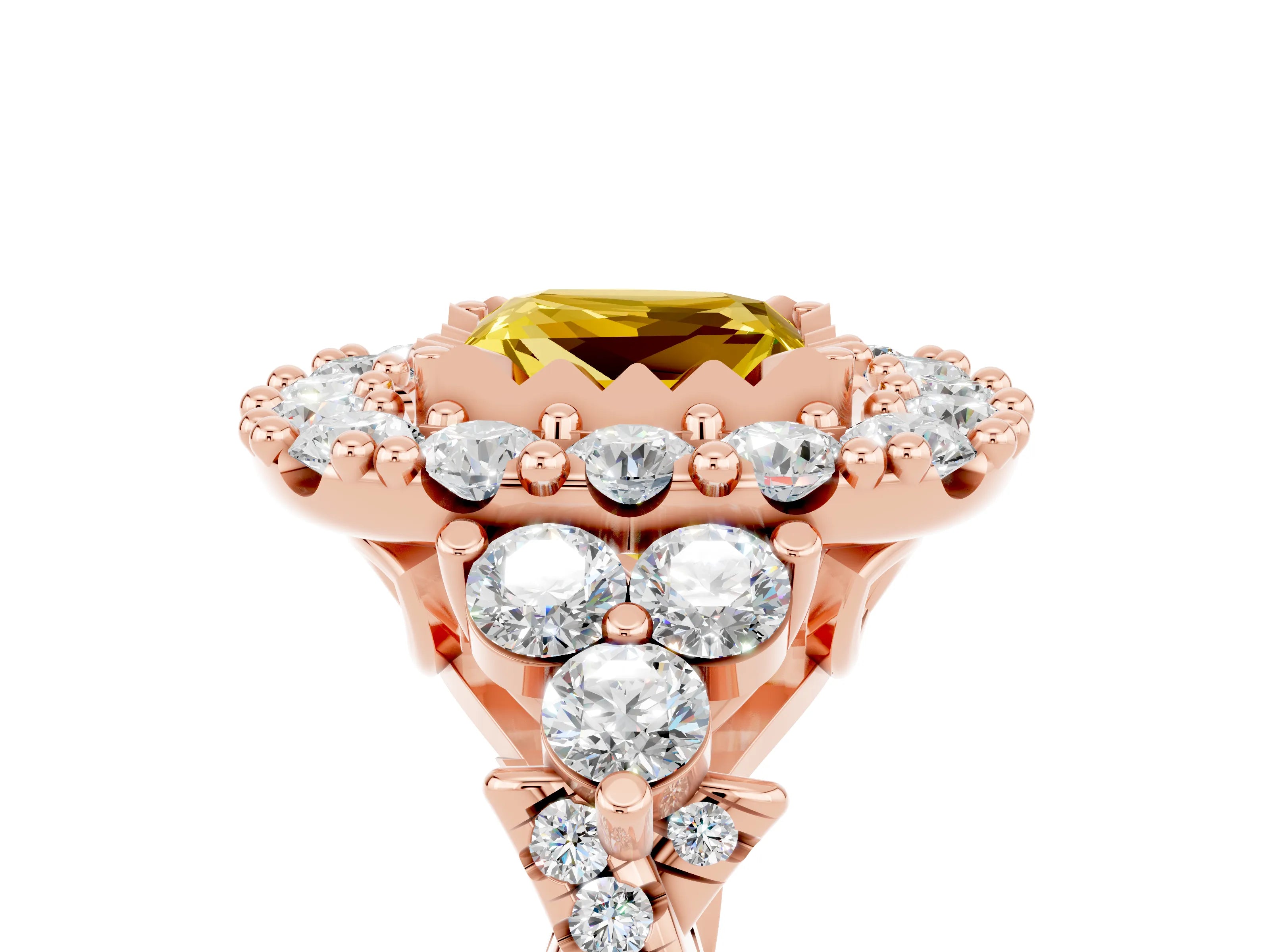 Rose gold Princess Cut Yellow Sapphire Halo Ring with Pavé Band and Four-Prong Setting_17