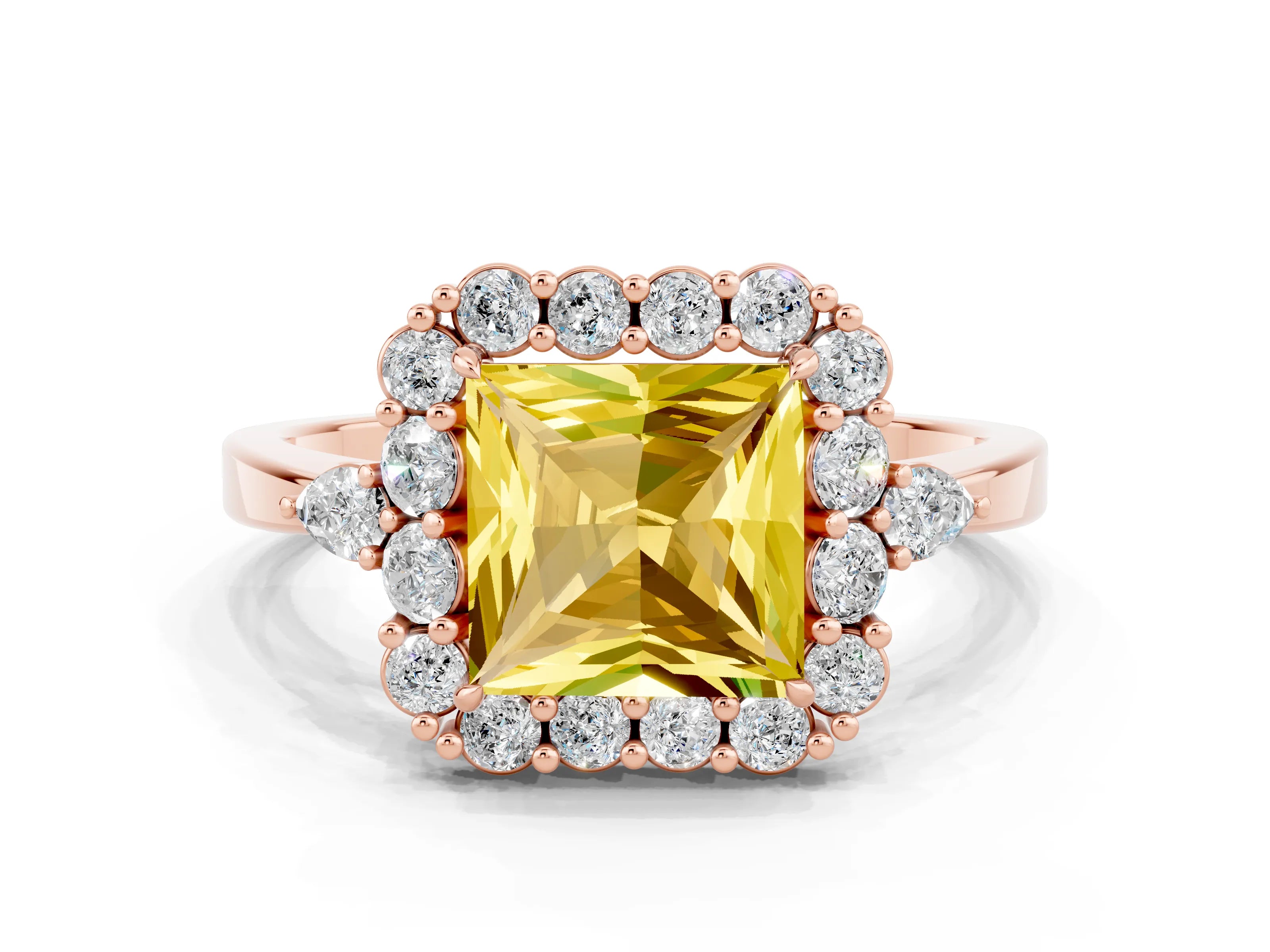 Rose gold Princess Cut Yellow Sapphire Halo Ring with Pear Side Stones and Prong Setting_12