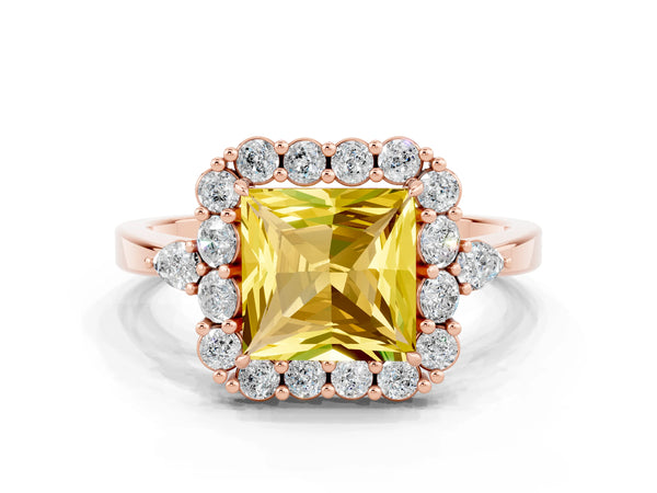 Rose gold Princess Cut Yellow Sapphire Halo Ring with Pear Side Stones and Prong Setting