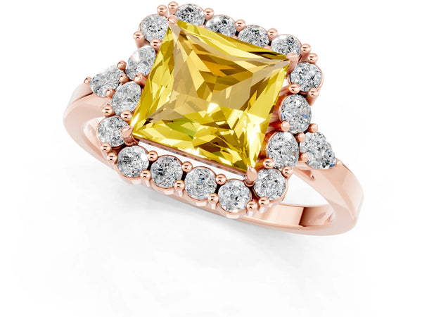 Rose gold Princess Cut Yellow Sapphire Halo Ring with Pear Side Stones and Prong Setting