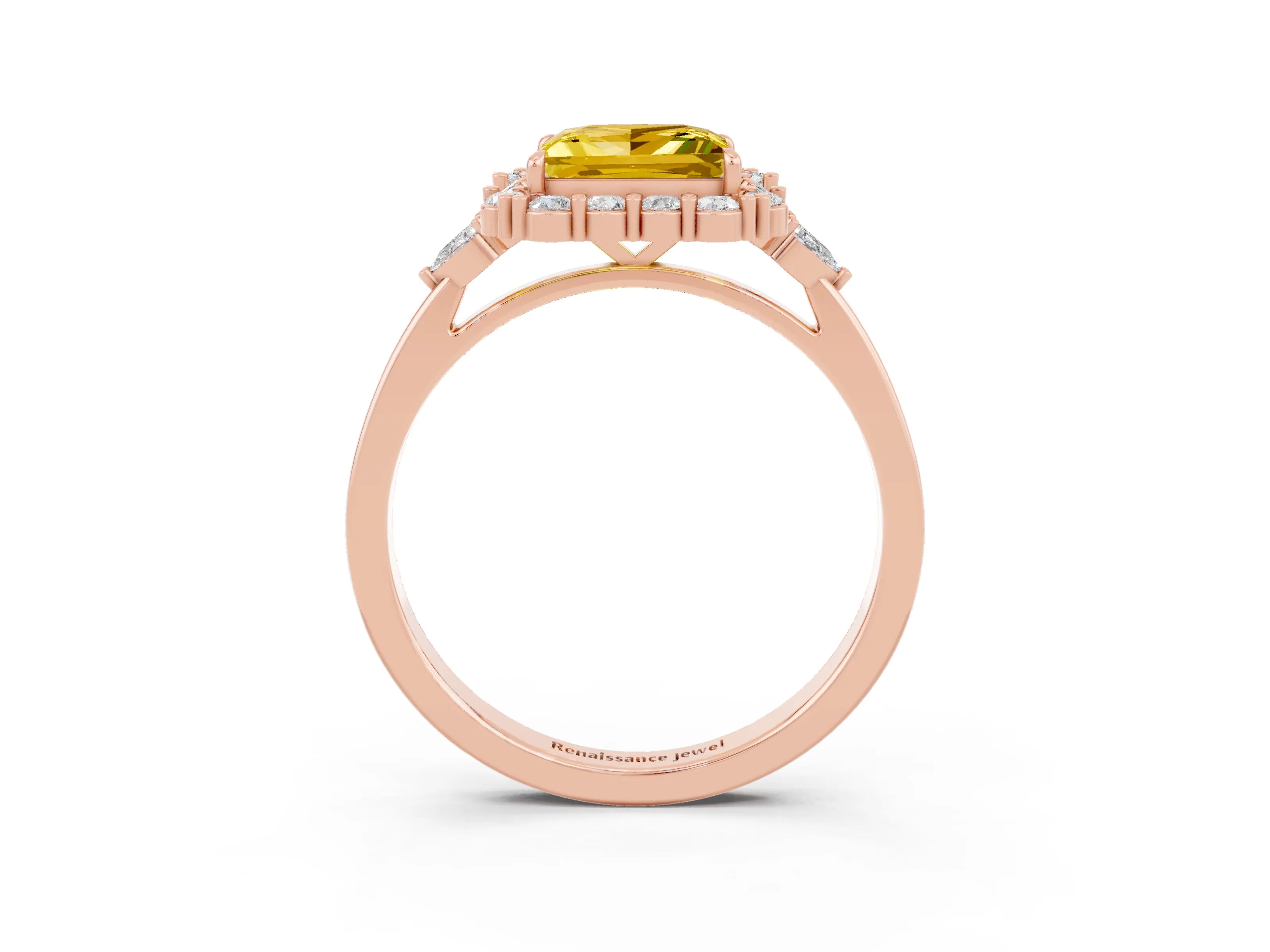 Rose gold Princess Cut Yellow Sapphire Halo Ring with Pear Side Stones and Prong Setting_15