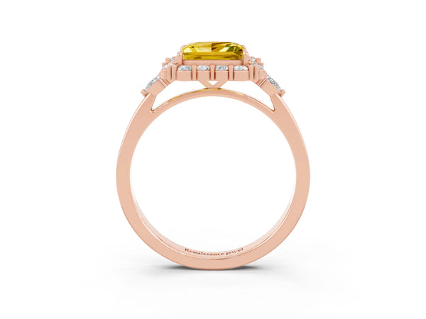 Rose gold Princess Cut Yellow Sapphire Halo Ring with Pear Side Stones and Prong Setting
