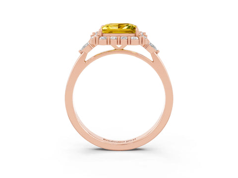 Rose gold Princess Cut Yellow Sapphire Halo Ring with Pear Side Stones and Prong Setting_15