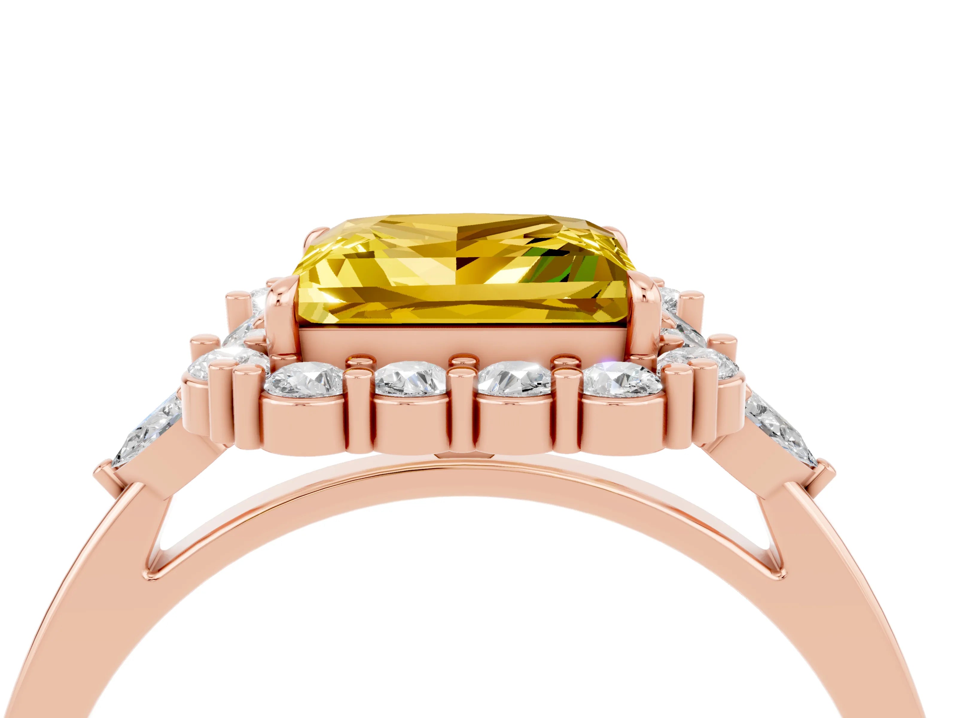 Rose gold Princess Cut Yellow Sapphire Halo Ring with Pear Side Stones and Prong Setting_16