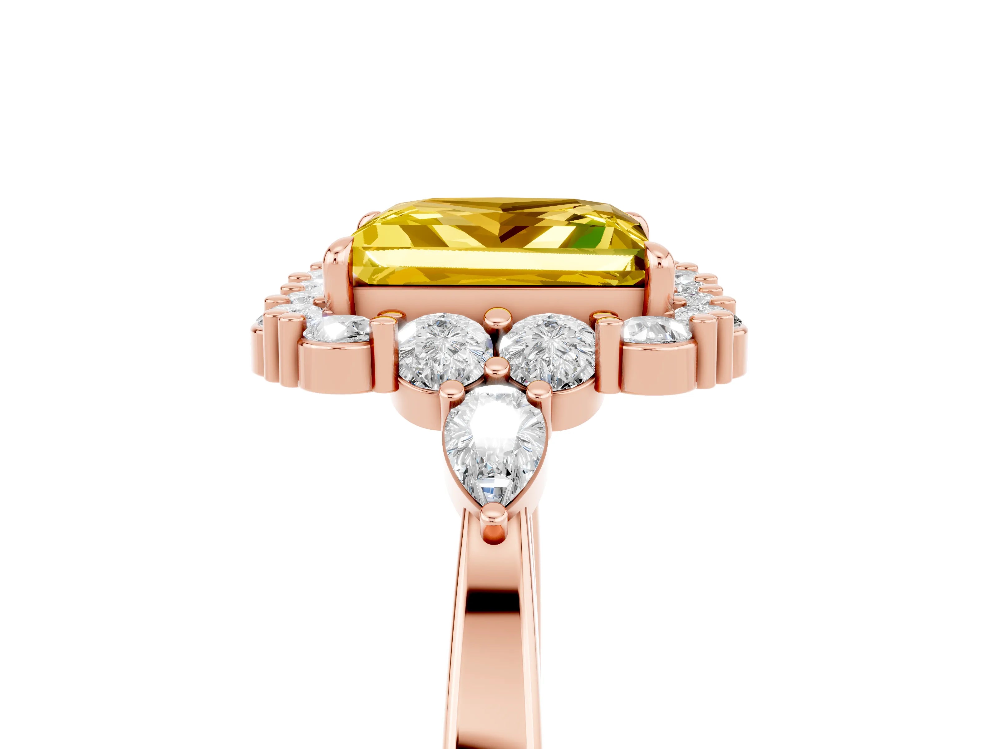 Rose gold Princess Cut Yellow Sapphire Halo Ring with Pear Side Stones and Prong Setting_17