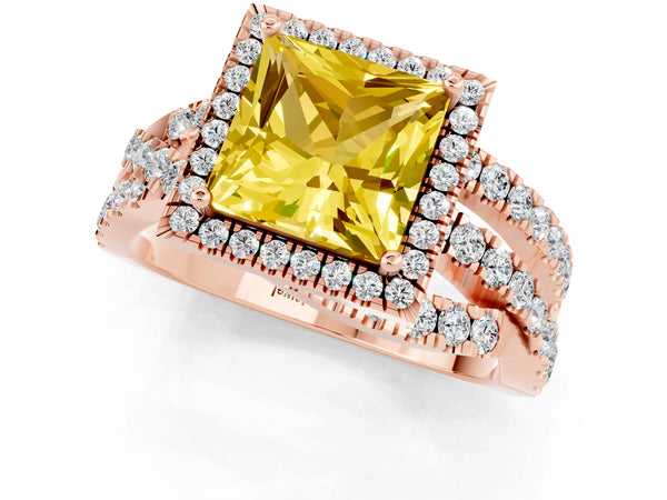 Rose gold Princess Cut Yellow Sapphire Halo Ring with Round Split Shank and Prong Setting