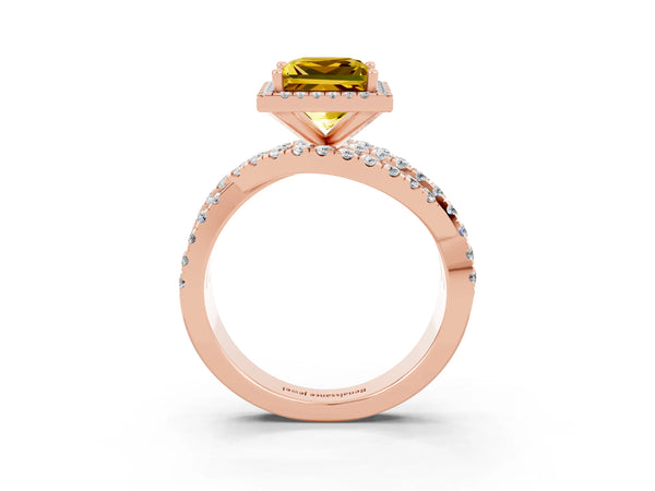 Rose gold Princess Cut Yellow Sapphire Halo Ring with Round Split Shank and Prong Setting