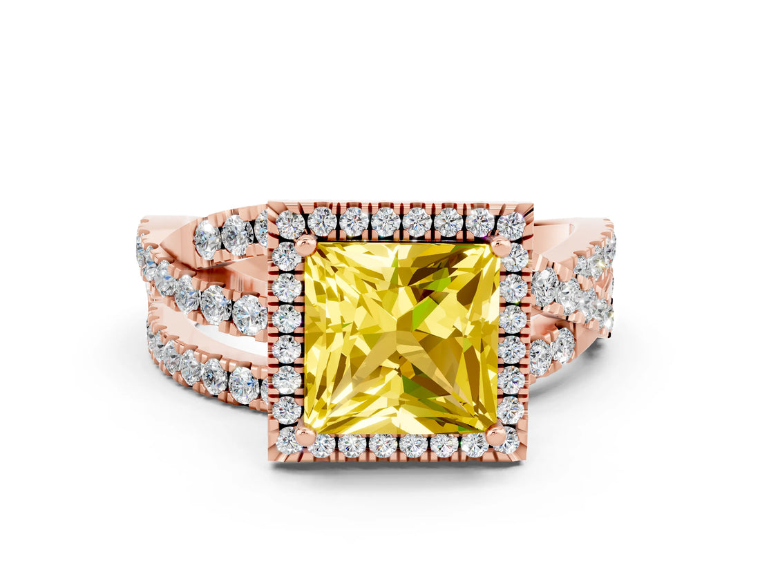 Rose gold Princess Cut Yellow Sapphire Halo Ring with Round Split Shank and Prong Setting_48