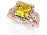 Rose gold Princess Cut Yellow Sapphire Halo Ring with Round Split Shank and Prong Setting_49