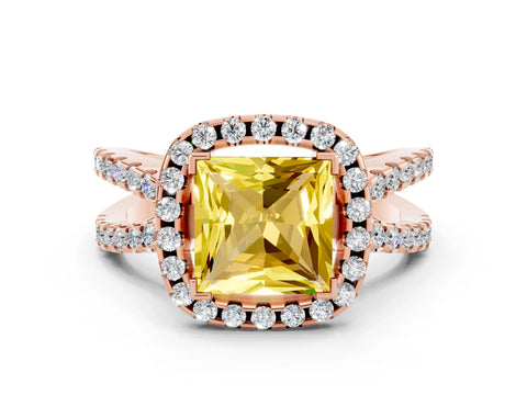 Rose gold Princess Cut Yellow Sapphire Halo Ring with Split Shank Pavé Band and Prong Setting_12