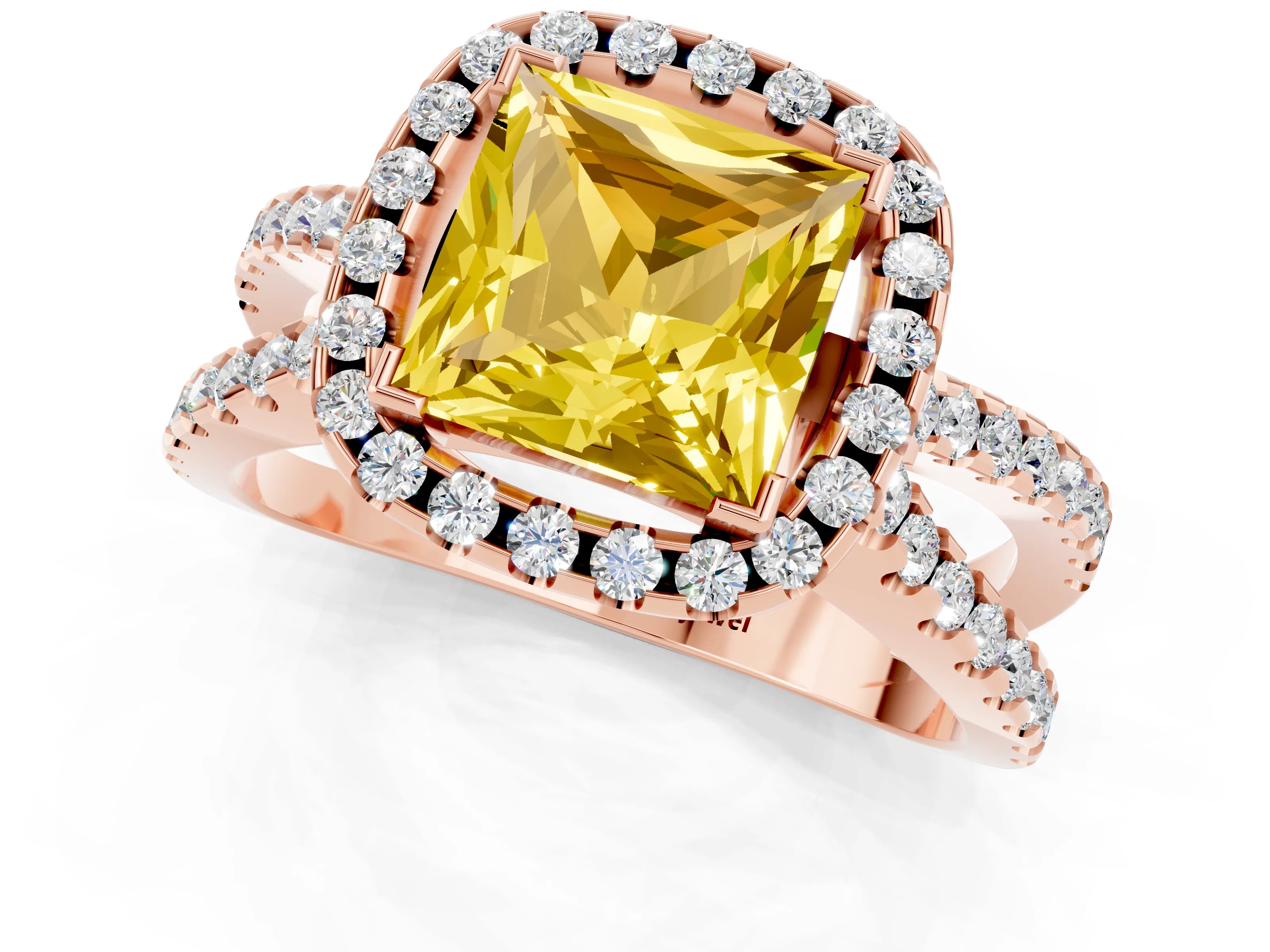Rose gold Princess Cut Yellow Sapphire Halo Ring with Split Shank Pavé Band and Prong Setting_13