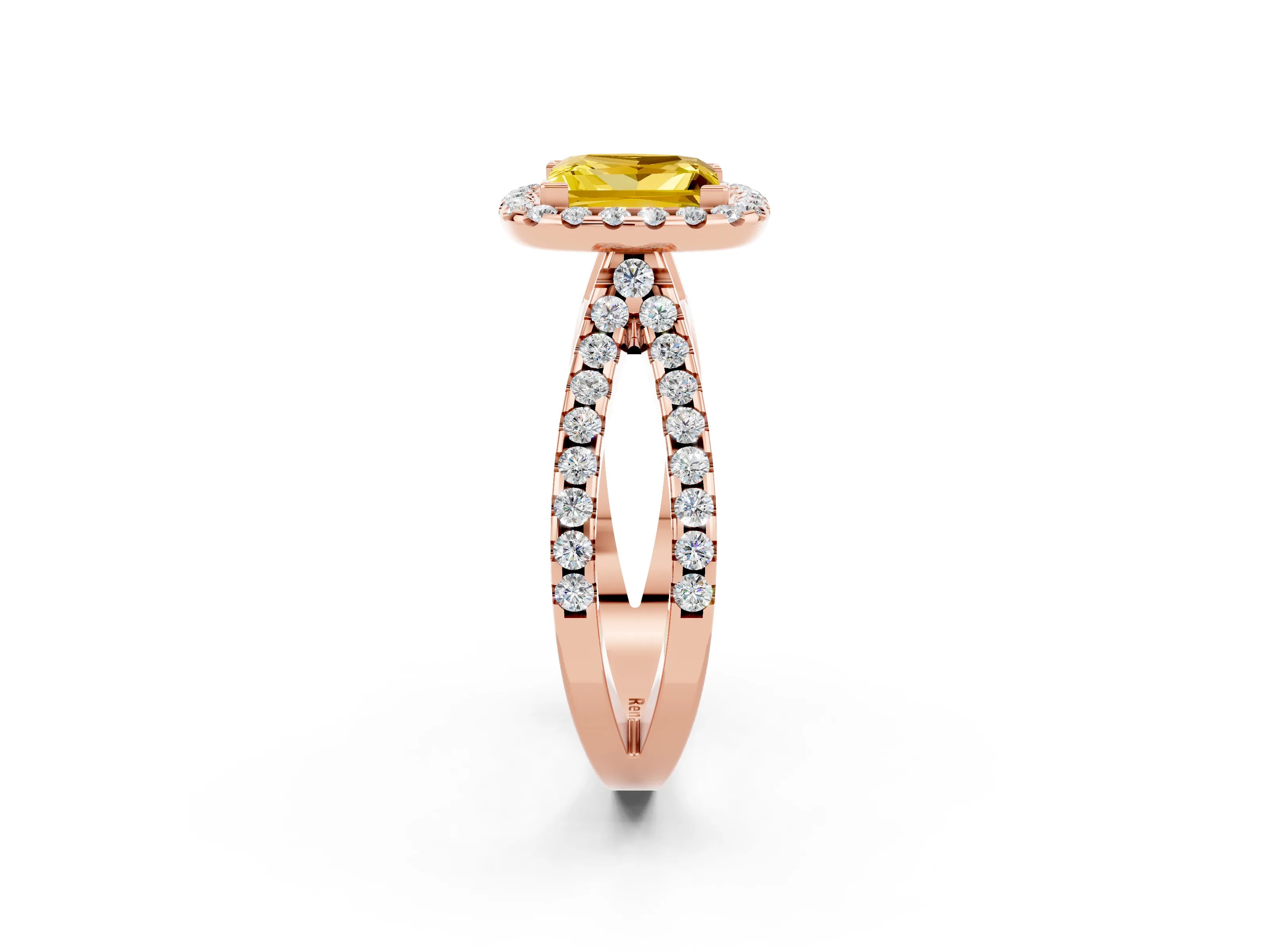 Rose gold Princess Cut Yellow Sapphire Halo Ring with Split Shank Pavé Band and Prong Setting_14