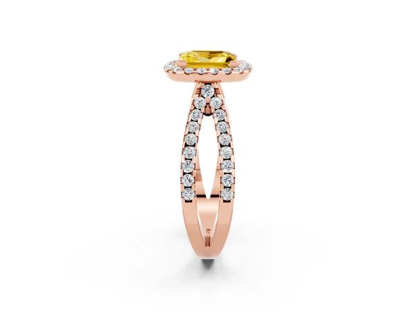 Rose gold Princess Cut Yellow Sapphire Halo Ring with Split Shank Pavé Band and Prong Setting
