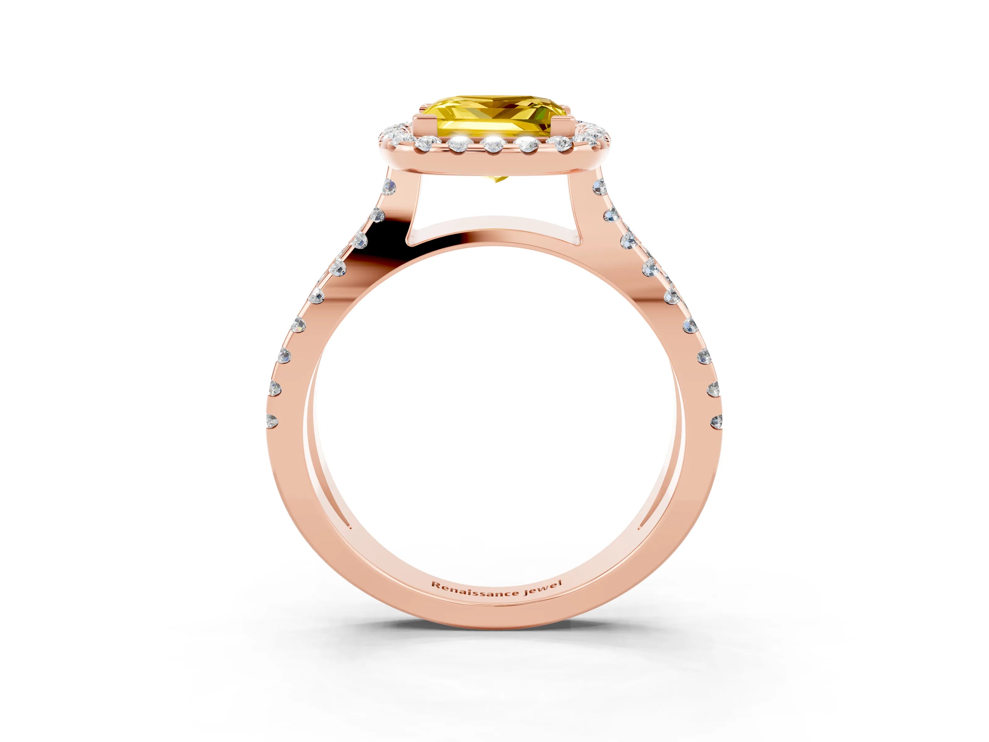 Rose gold Princess Cut Yellow Sapphire Halo Ring with Split Shank Pavé Band and Prong Setting_15