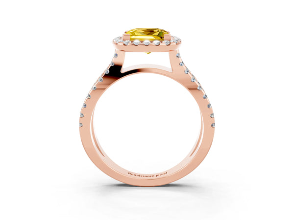Rose gold Princess Cut Yellow Sapphire Halo Ring with Split Shank Pavé Band and Prong Setting