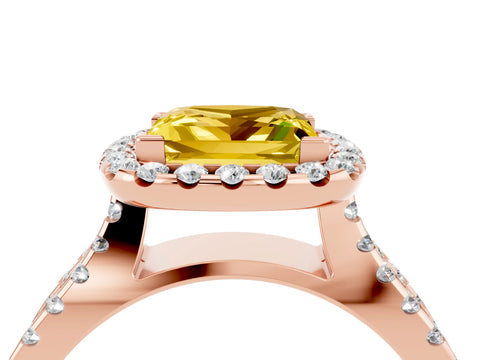 Rose gold Princess Cut Yellow Sapphire Halo Ring with Split Shank Pavé Band and Prong Setting_16