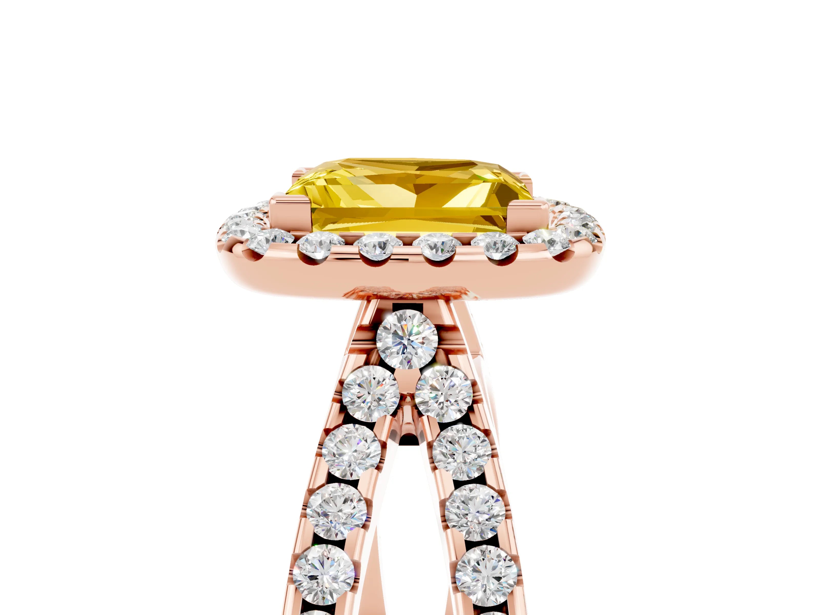 Rose gold Princess Cut Yellow Sapphire Halo Ring with Split Shank Pavé Band and Prong Setting_17