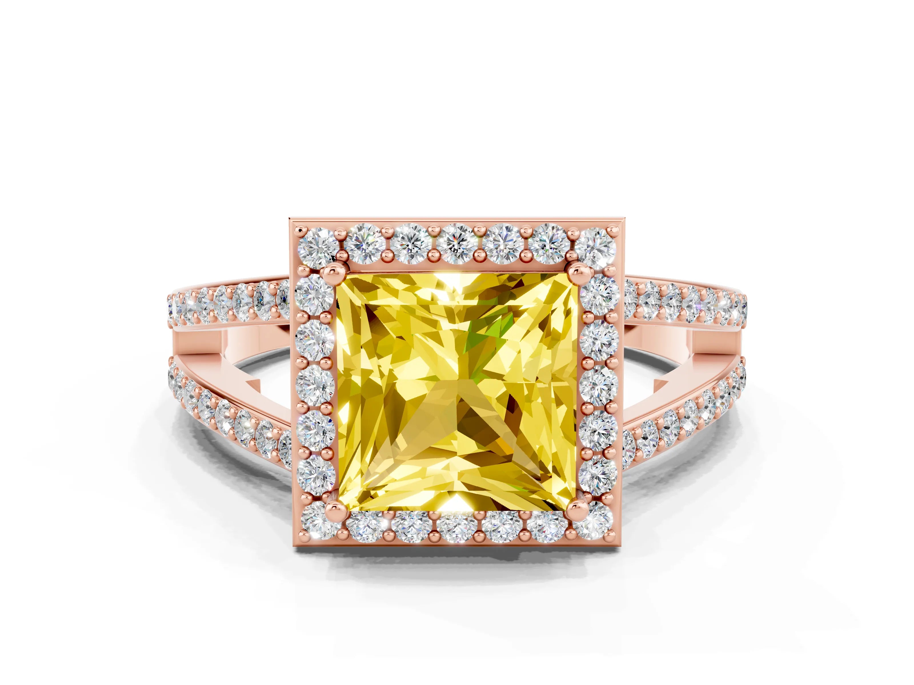 Rose gold Princess Cut Yellow Sapphire Halo Ring with Split Shank U-Prong Band and Four-Prong Setting