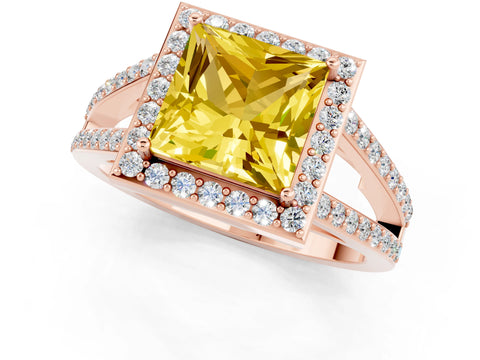 Rose gold Princess Cut Yellow Sapphire Halo Ring with Split Shank U-Prong Band and Four-Prong Setting_1