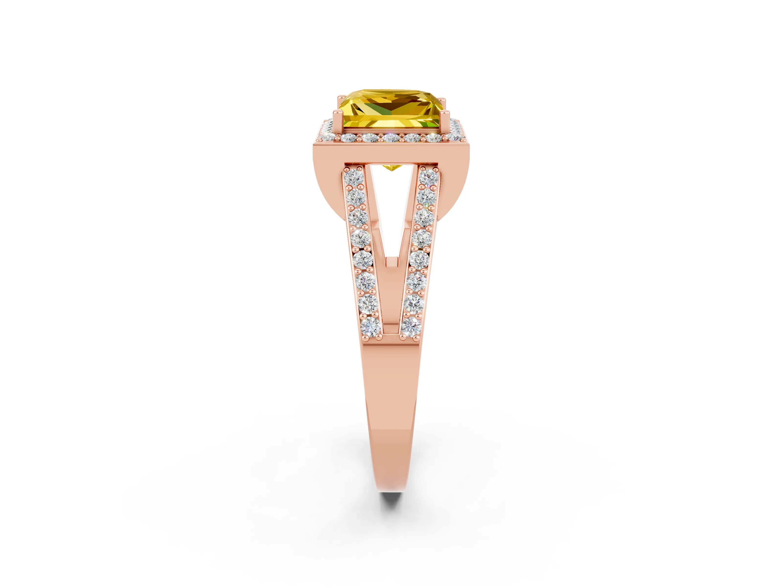 Rose gold Princess Cut Yellow Sapphire Halo Ring with Split Shank U-Prong Band and Four-Prong Setting_2