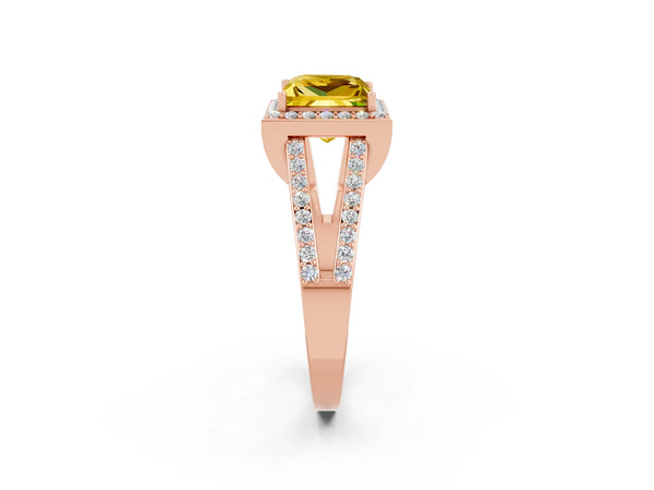Rose gold Princess Cut Yellow Sapphire Halo Ring with Split Shank U-Prong Band and Four-Prong Setting