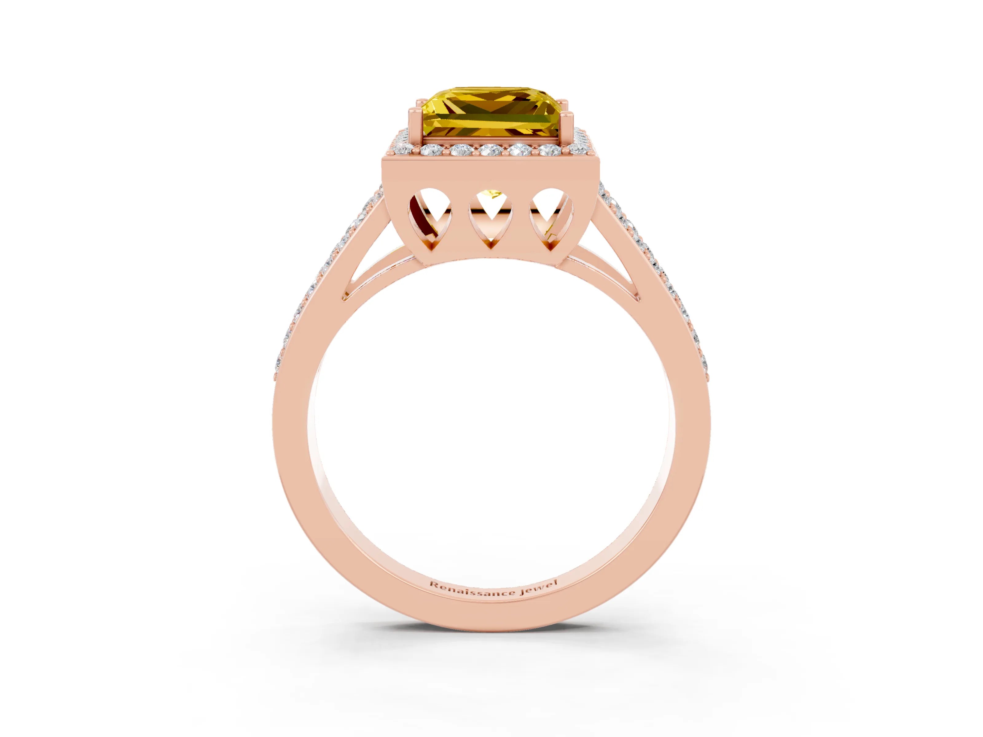 Rose gold Princess Cut Yellow Sapphire Halo Ring with Split Shank U-Prong Band and Four-Prong Setting_3