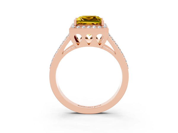 Rose gold Princess Cut Yellow Sapphire Halo Ring with Split Shank U-Prong Band and Four-Prong Setting