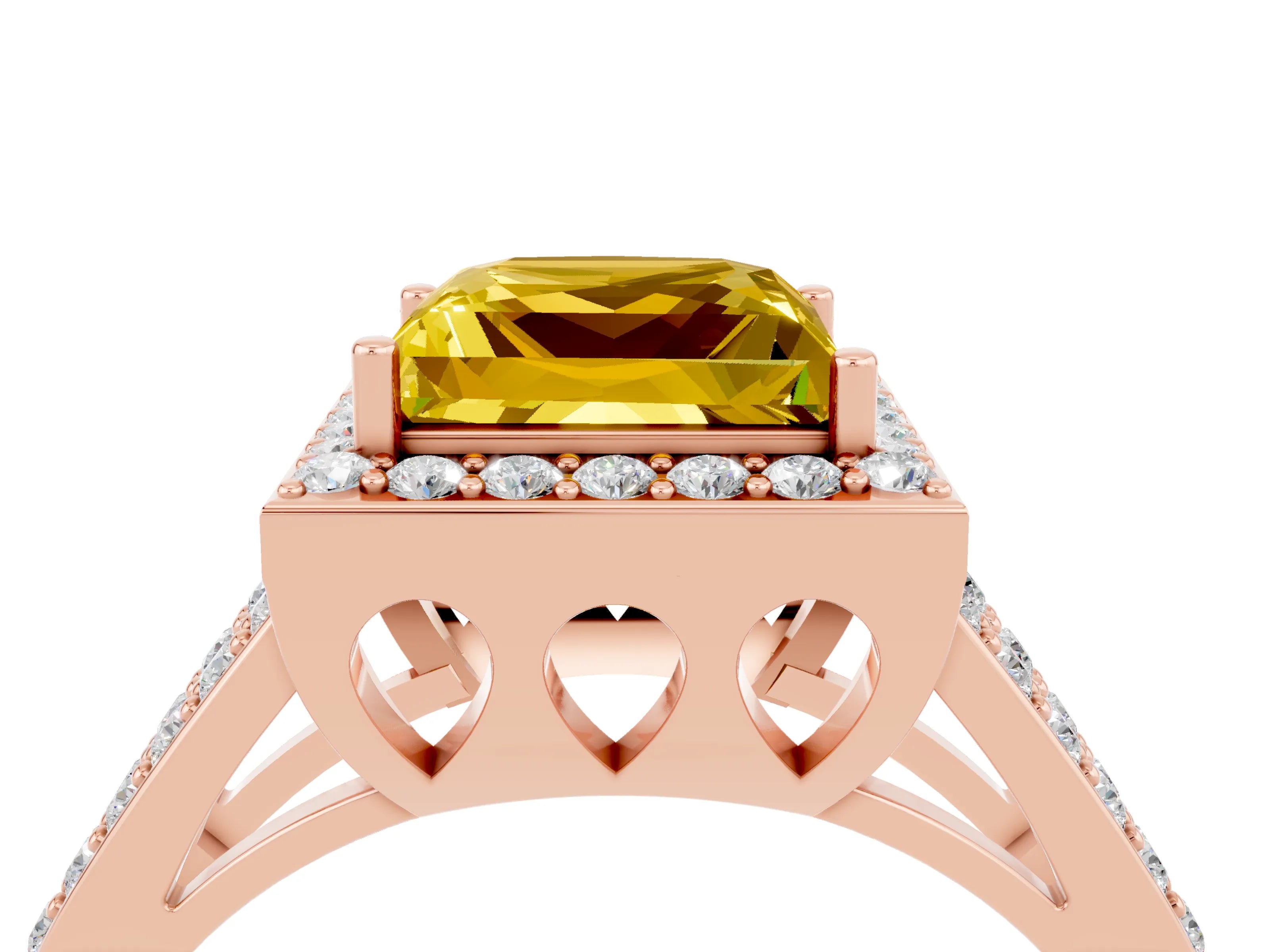 Rose gold Princess Cut Yellow Sapphire Halo Ring with Split Shank U-Prong Band and Four-Prong Setting_4