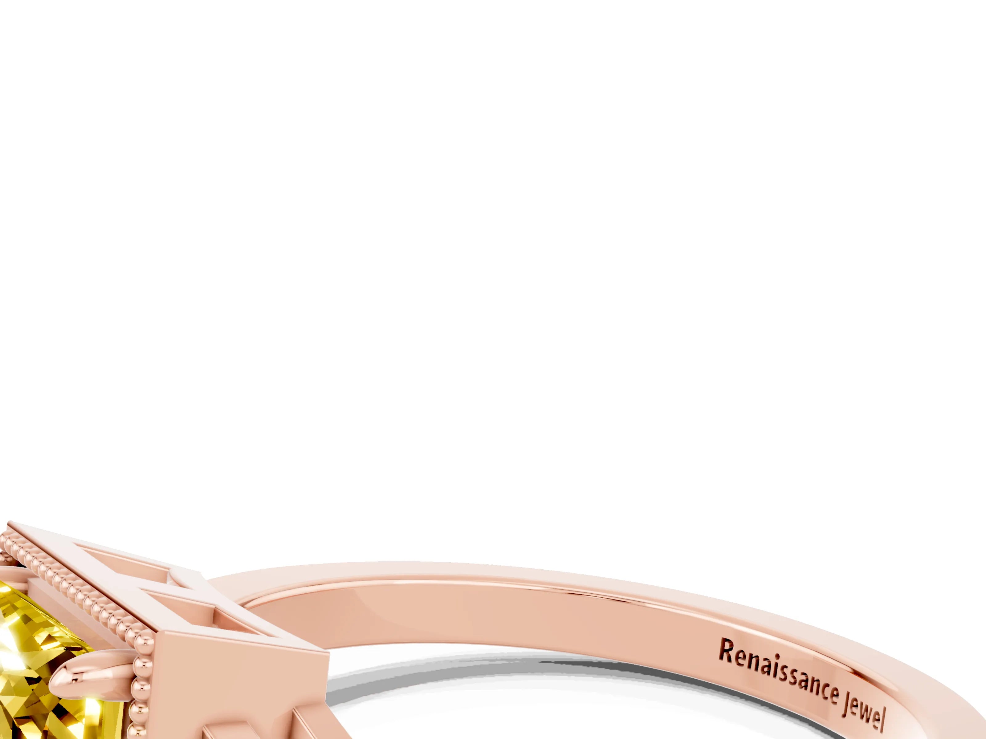 Rose gold Princess Cut Yellow Sapphire Halo Ring with Tapered Band and Four-Prong Setting