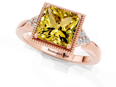 Rose gold Princess Cut Yellow Sapphire Halo Ring with Tapered Band and Four-Prong Setting_1