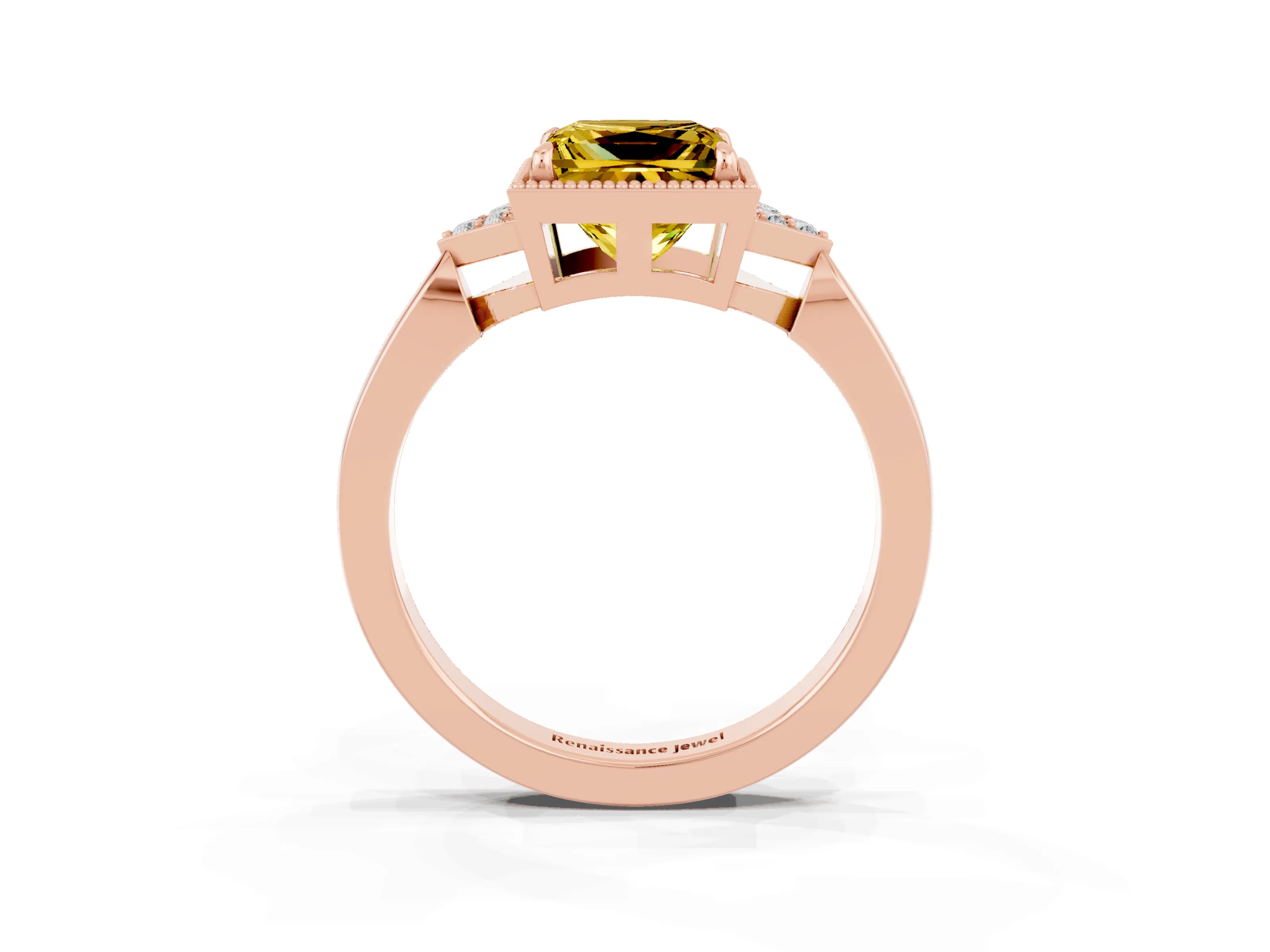 Rose gold Princess Cut Yellow Sapphire Halo Ring with Tapered Band and Four-Prong Setting_3