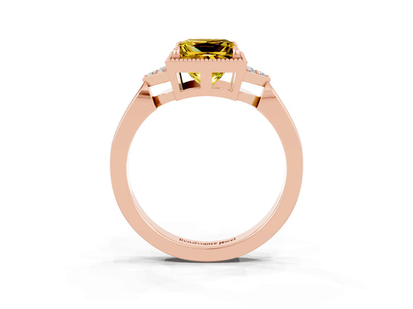 Rose gold Princess Cut Yellow Sapphire Halo Ring with Tapered Band and Four-Prong Setting
