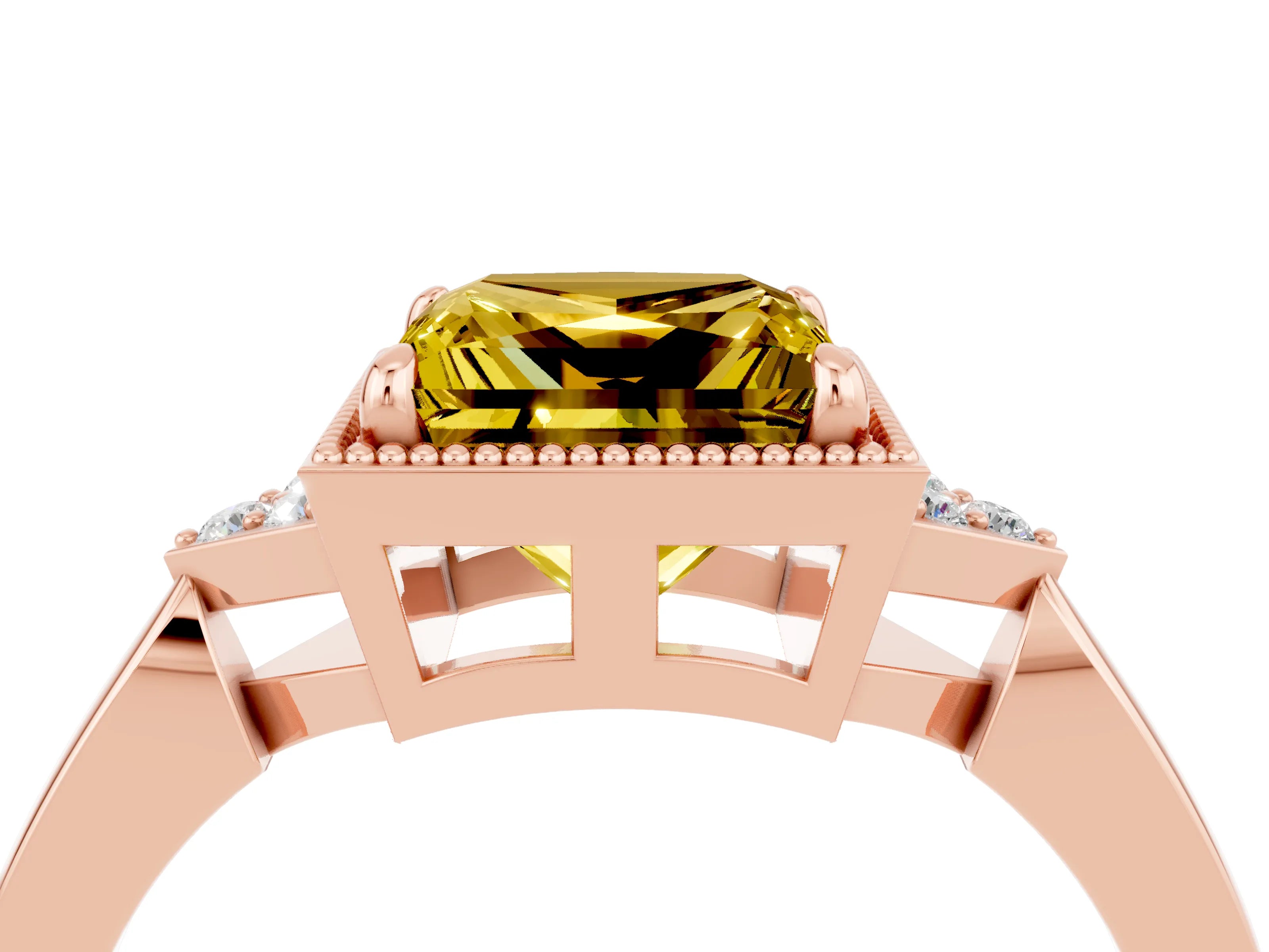 Rose gold Princess Cut Yellow Sapphire Halo Ring with Tapered Band and Four-Prong Setting_4