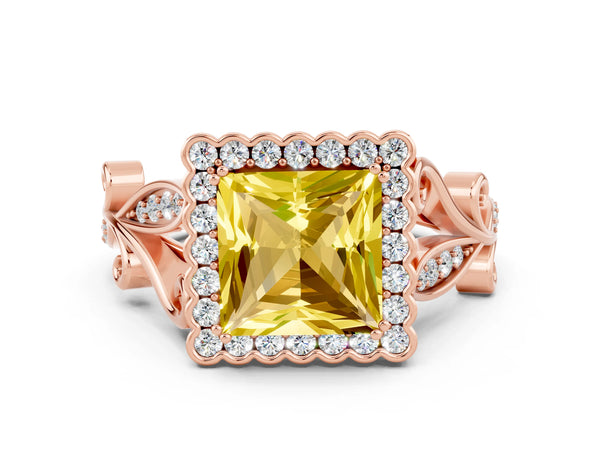 Rose gold Princess Cut Yellow Sapphire Halo Ring with Vintage Split Shank and Four-Prong Setting