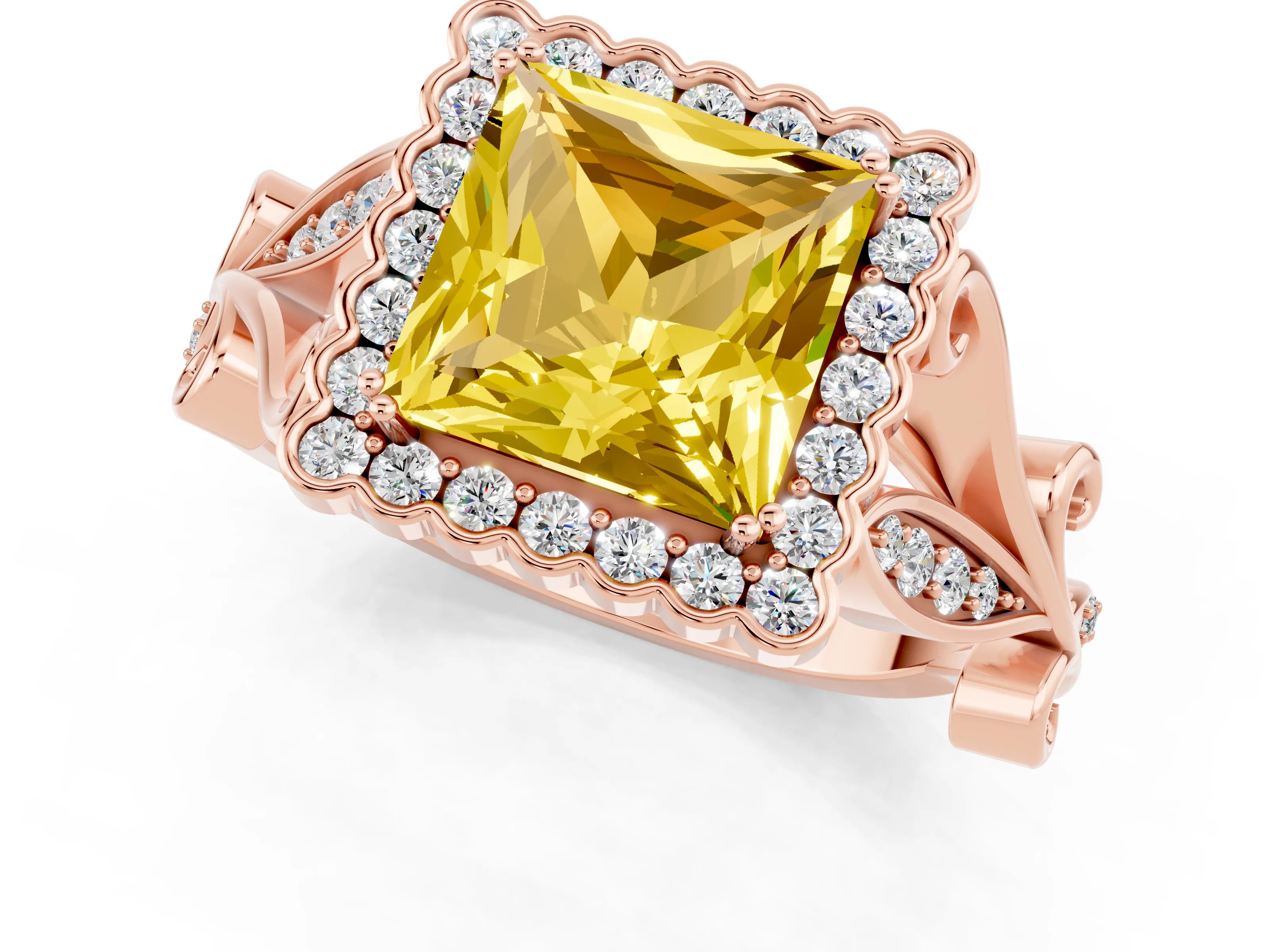 Rose gold Princess Cut Yellow Sapphire Halo Ring with Vintage Split Shank and Four-Prong Setting_1