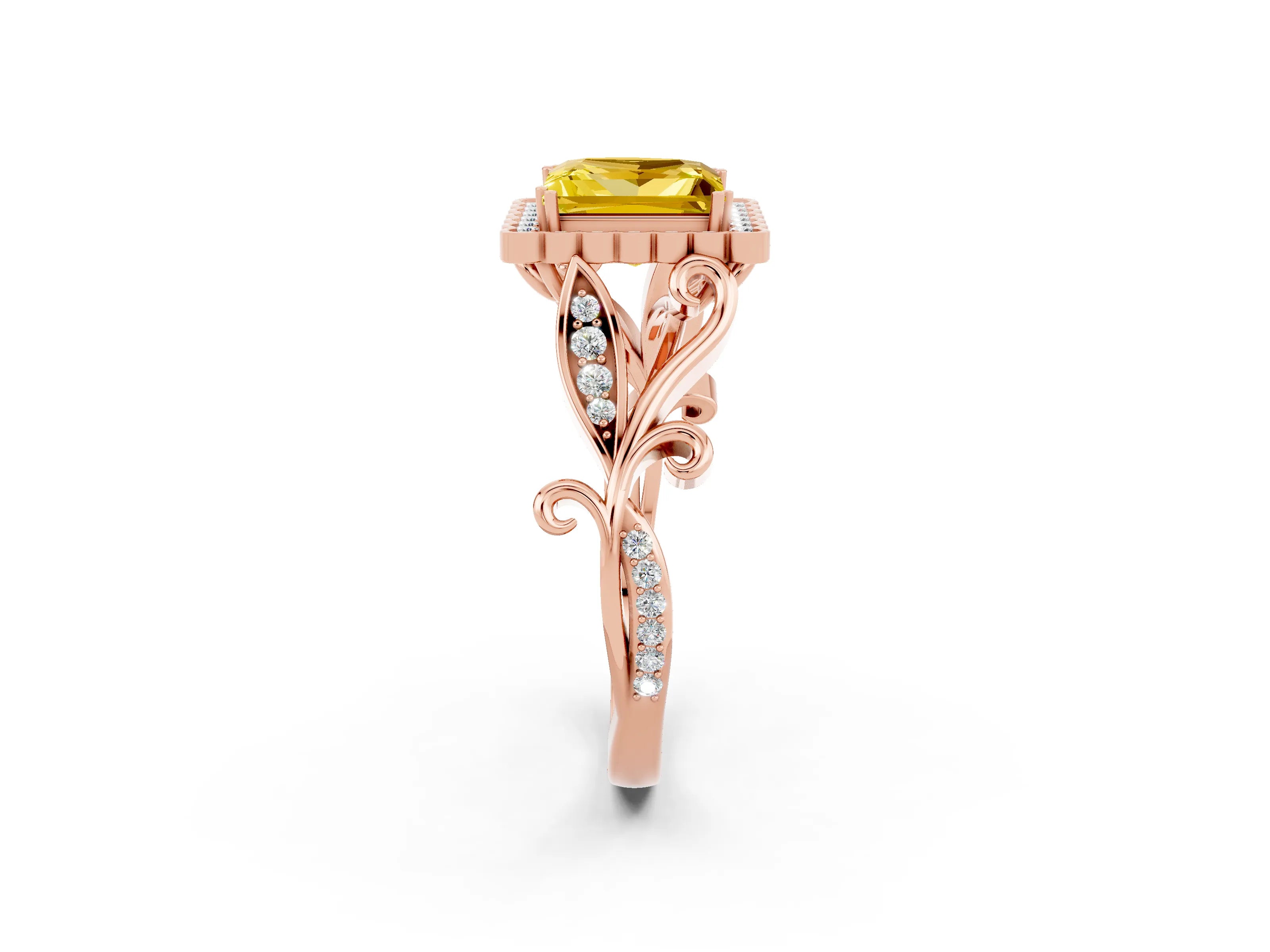 Rose gold Princess Cut Yellow Sapphire Halo Ring with Vintage Split Shank and Four-Prong Setting_2