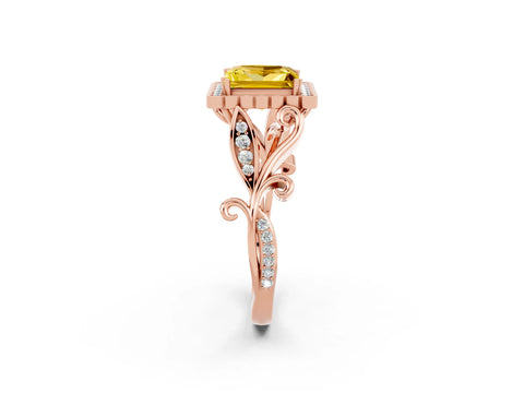 Rose gold Princess Cut Yellow Sapphire Halo Ring with Vintage Split Shank and Four-Prong Setting_2